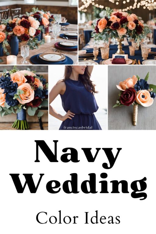 A photo collage of peach and navy wedding color ideas.