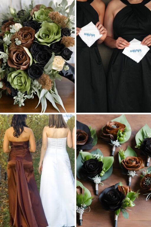 A photo collage of black, brown, and green wedding color ideas.