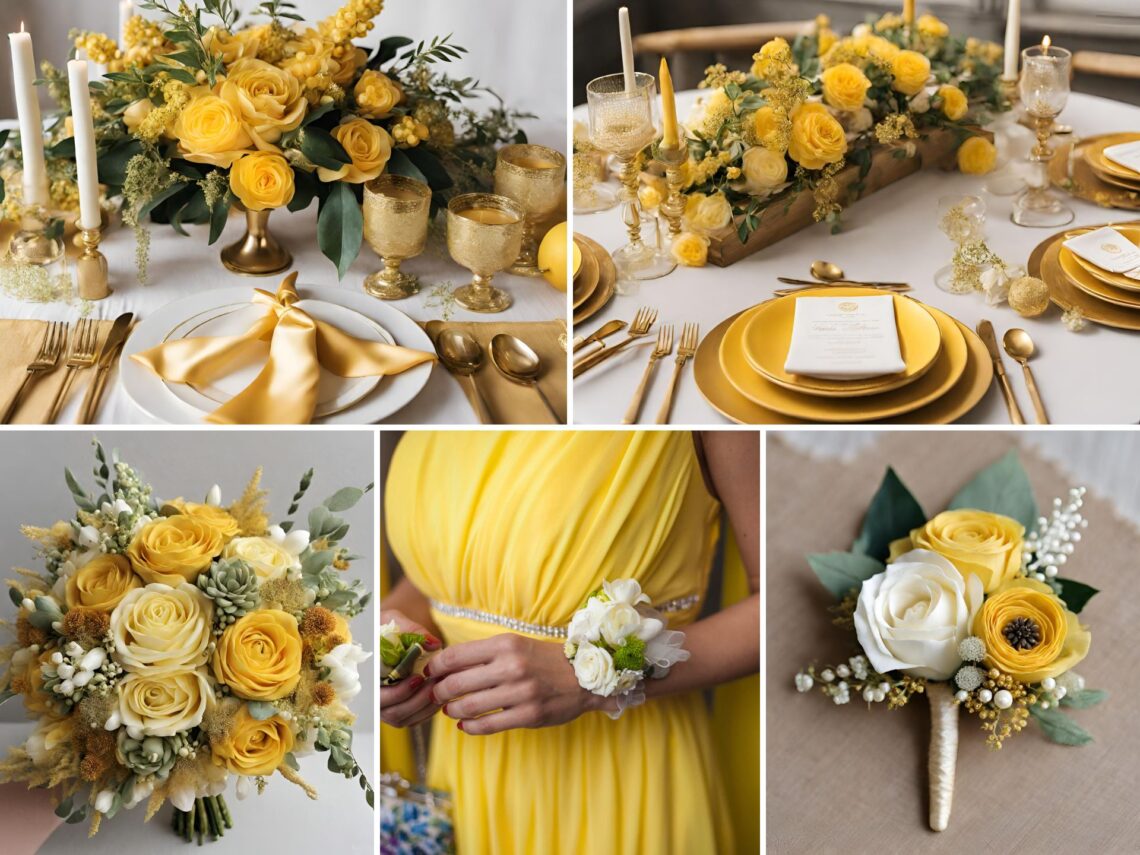 A photo collage of yellow gold wedding color ideas.