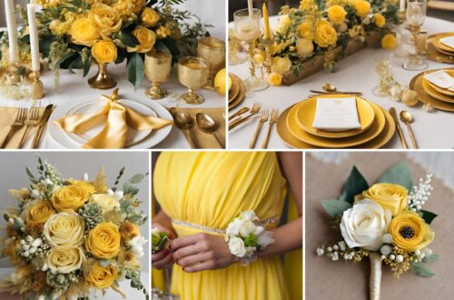 A photo collage of yellow gold wedding color ideas.