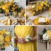 A photo collage of yellow gold wedding color ideas.