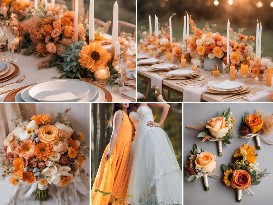 A photo collage or orange sunrise themed wedding color ideas.