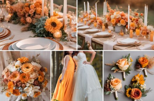 A photo collage or orange sunrise themed wedding color ideas.