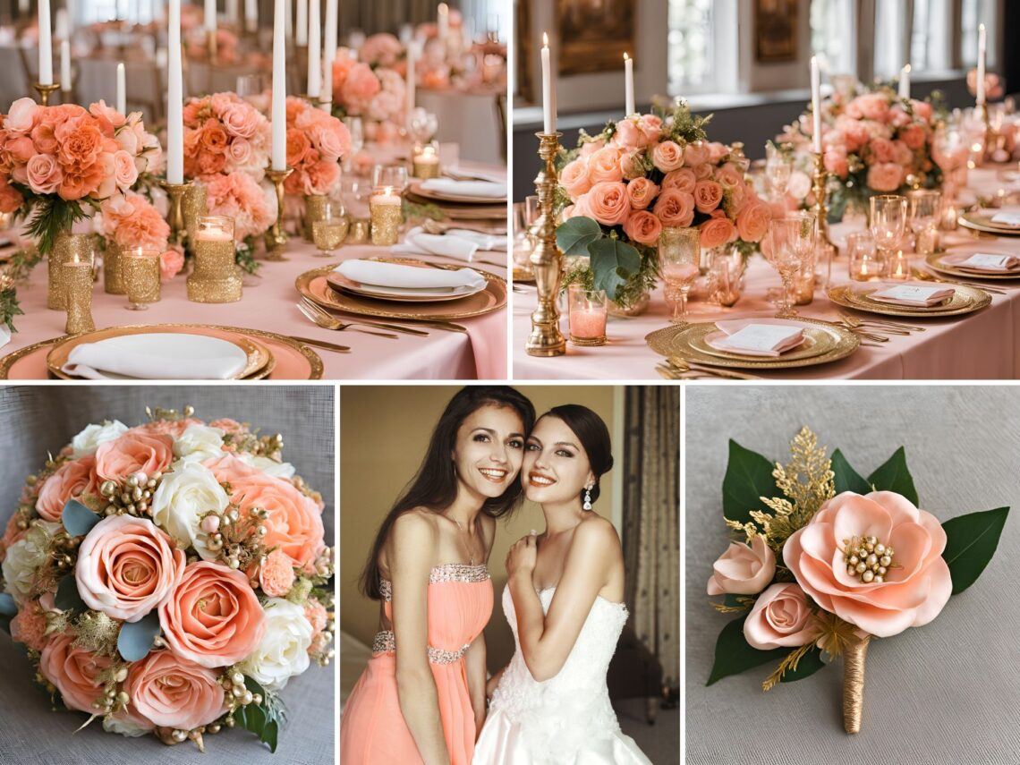 A photo collage of salmon pink and gold wedding color ideas.