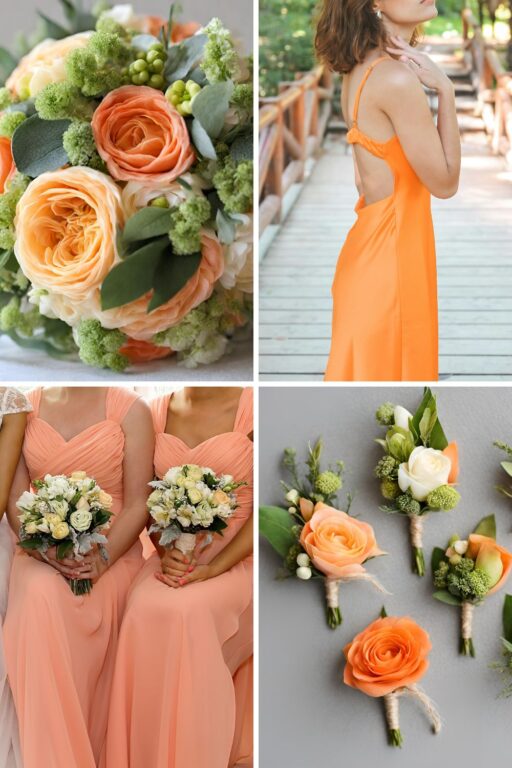 A photo collage of orange, peach, and lemon green wedding color ideas.