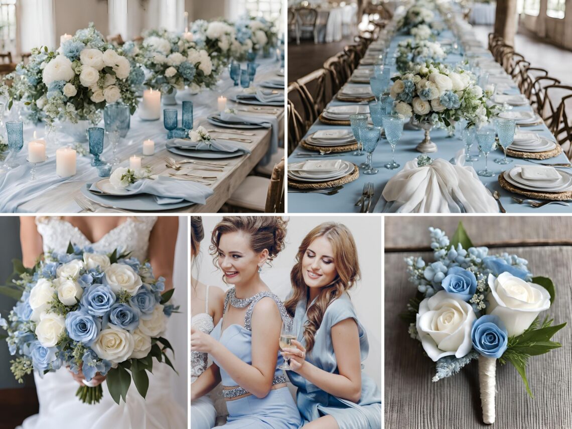 A photo collage of powder blue and white wedding color ideas.