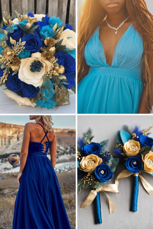 A photo collage of teal blue, royal blue, and gold wedding color ideas.