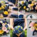 A photo collage of navy blue, yellow, and pastel pink wedding color ideas.