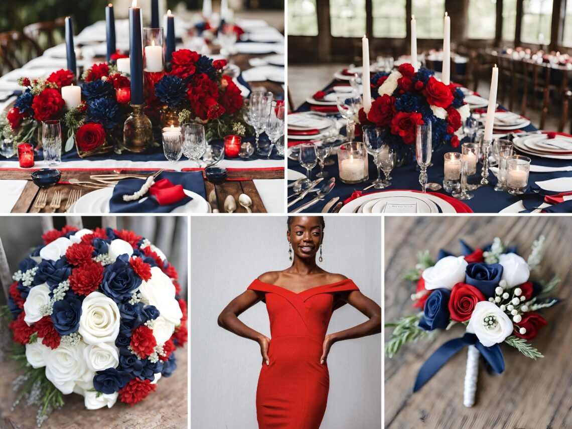 A photo collage of red, navy blue, and white wedding color ideas.