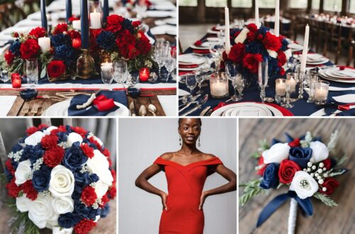 A photo collage of red, navy blue, and white wedding color ideas.