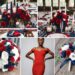 A photo collage of red, navy blue, and white wedding color ideas.