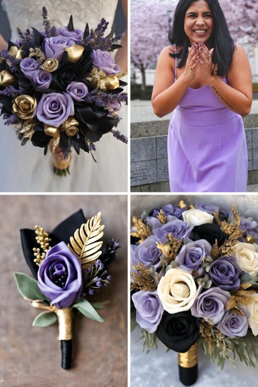 A photo collage of lavender, gold, and black wedding color ideas.