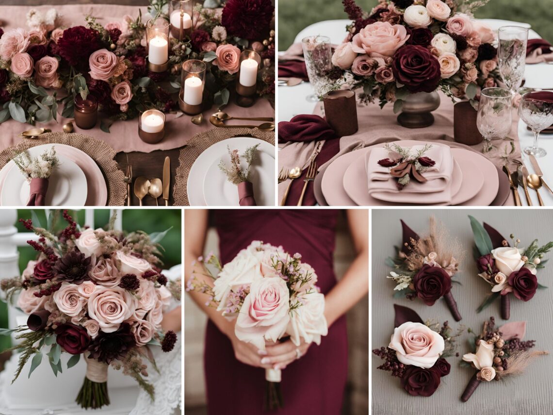 A photo collage of burgundy, dusty pink, and coffee brown wedding color ideas.