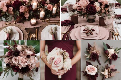 A photo collage of burgundy, dusty pink, and coffee brown wedding color ideas.