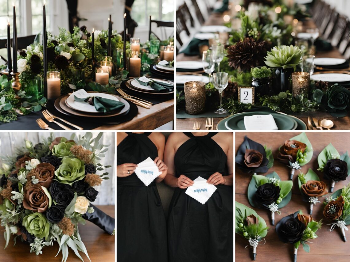 A photo collage of black, brown, and green wedding color ideas.