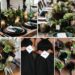 A photo collage of black, brown, and green wedding color ideas.