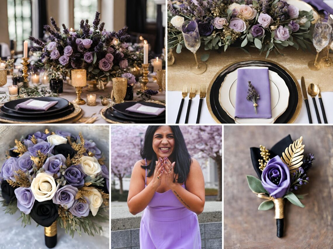 A photo collage of lavender, gold, and black wedding color ideas.