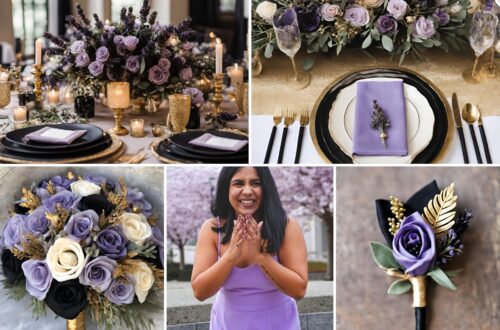 A photo collage of lavender, gold, and black wedding color ideas.