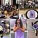 A photo collage of lavender, gold, and black wedding color ideas.