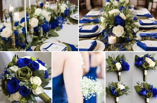 A photo collage of olive green, royal blue, and ivory wedding color ideas.