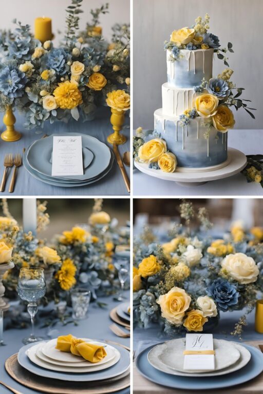 A photo collage of dusty blue and yellow wedding color ideas.