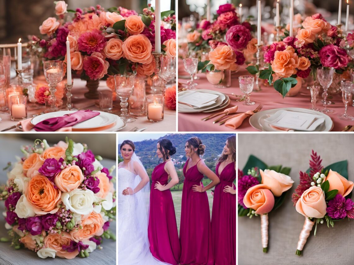 A photo collage of peach and magenta wedding color ideas.