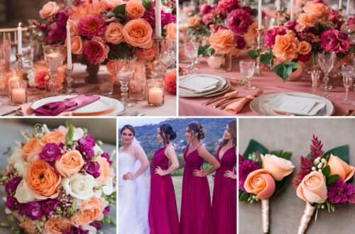 A photo collage of peach and magenta wedding color ideas.