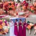 A photo collage of peach and magenta wedding color ideas.