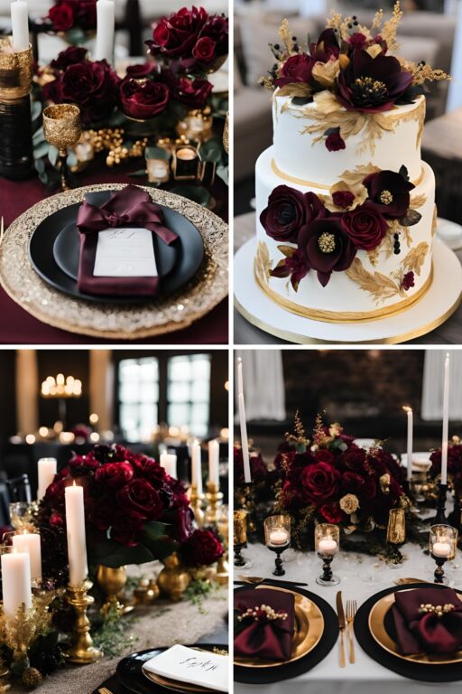 A photo collage of burgundy, black, and gold wedding color ideas.