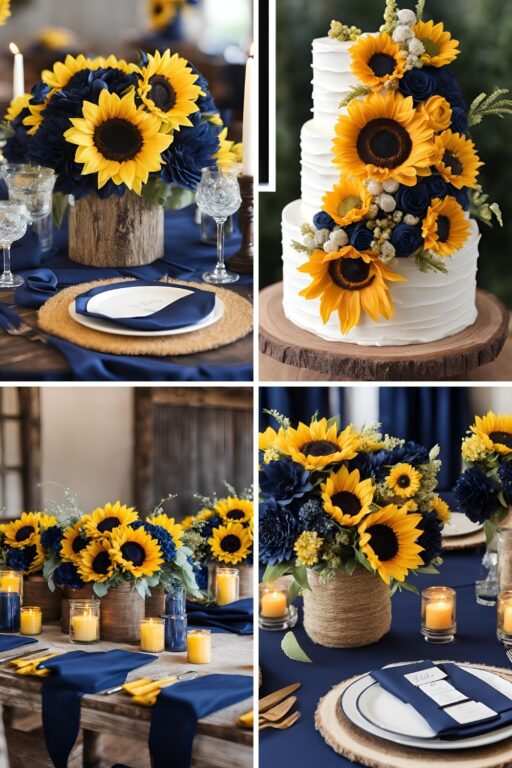 A photo collage of navy blue and rustic sunflower wedding color ideas.