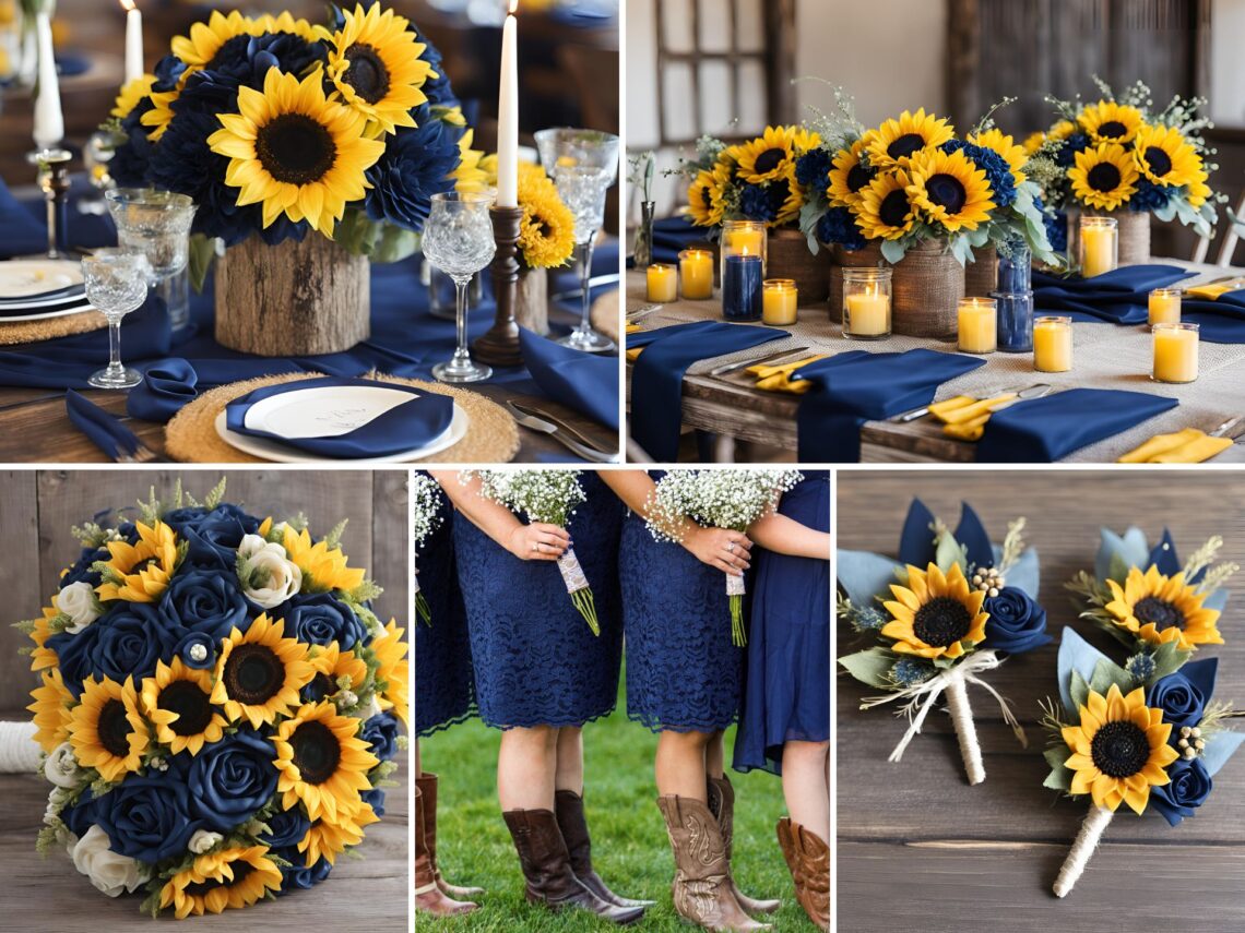 A photo collage of navy blue and rustic sunflower wedding color ideas.