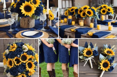 A photo collage of navy blue and rustic sunflower wedding color ideas.