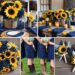 A photo collage of navy blue and rustic sunflower wedding color ideas.