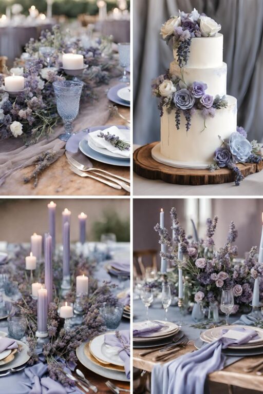 A photo collage of lavender and dusty blue wedding color ideas.