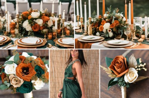 A photo collage of burnt orange, hunter green, cream, and gold wedding color ideas.