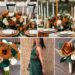 A photo collage of burnt orange, hunter green, cream, and gold wedding color ideas.