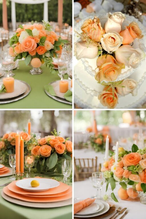 A photo collage of orange, peach, and lemon green wedding color ideas.