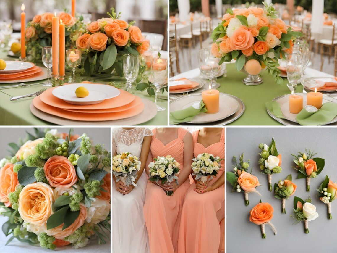 A photo collage of orange, peach, and lemon green wedding color ideas.