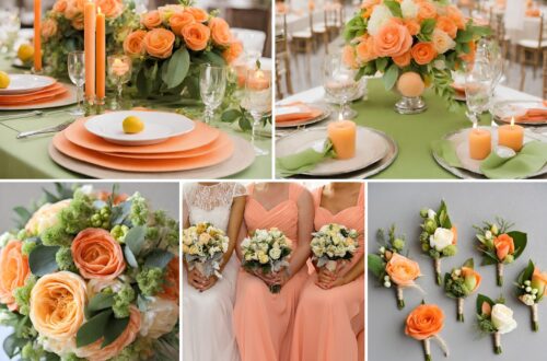 A photo collage of orange, peach, and lemon green wedding color ideas.