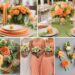 A photo collage of orange, peach, and lemon green wedding color ideas.