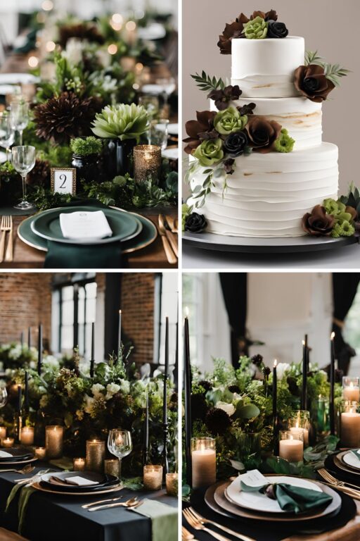 A photo collage of black, brown, and green wedding color ideas.