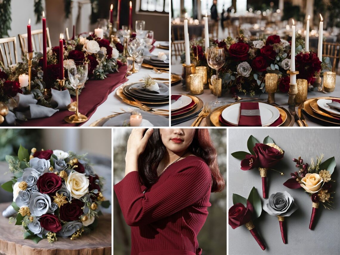 A photo collage of wine red, grey, and gold wedding color ideas.