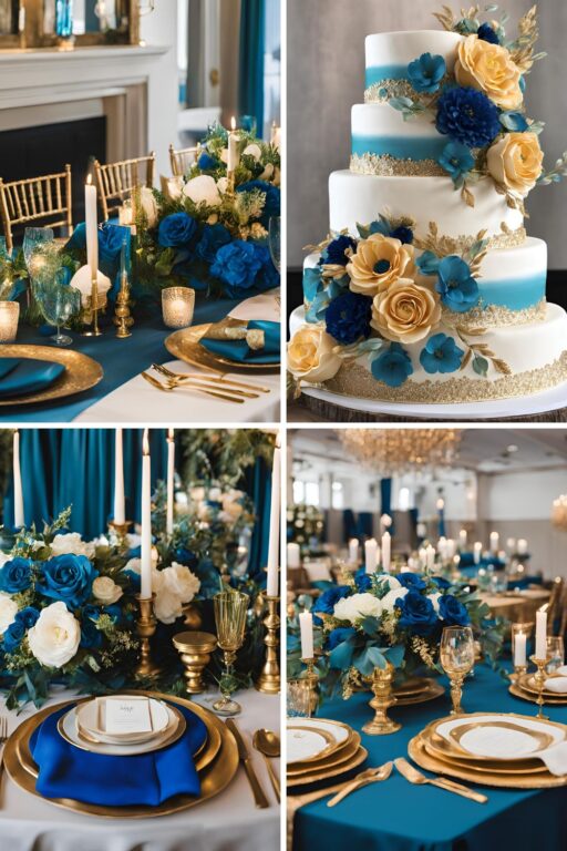 A photo collage of teal blue, royal blue, and gold wedding color ideas.