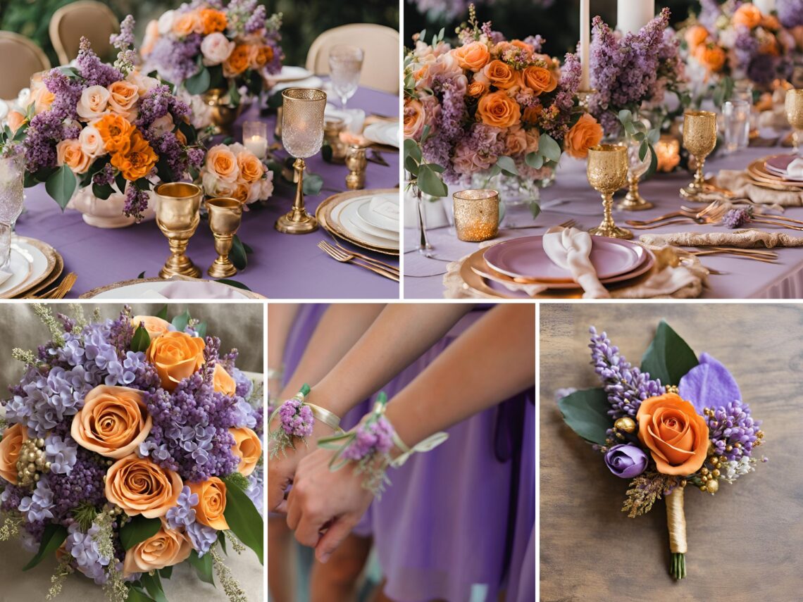 A photo collage of lilac, orange, and gold wedding color ideas.