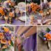 A photo collage of lilac, orange, and gold wedding color ideas.