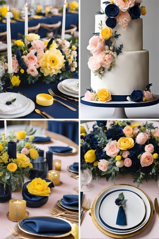 A photo collage of navy blue, yellow, and pastel pink wedding color ideas.