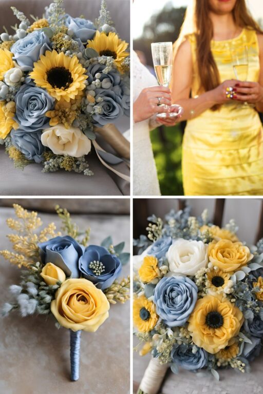 A photo collage of dusty blue and yellow wedding color ideas.