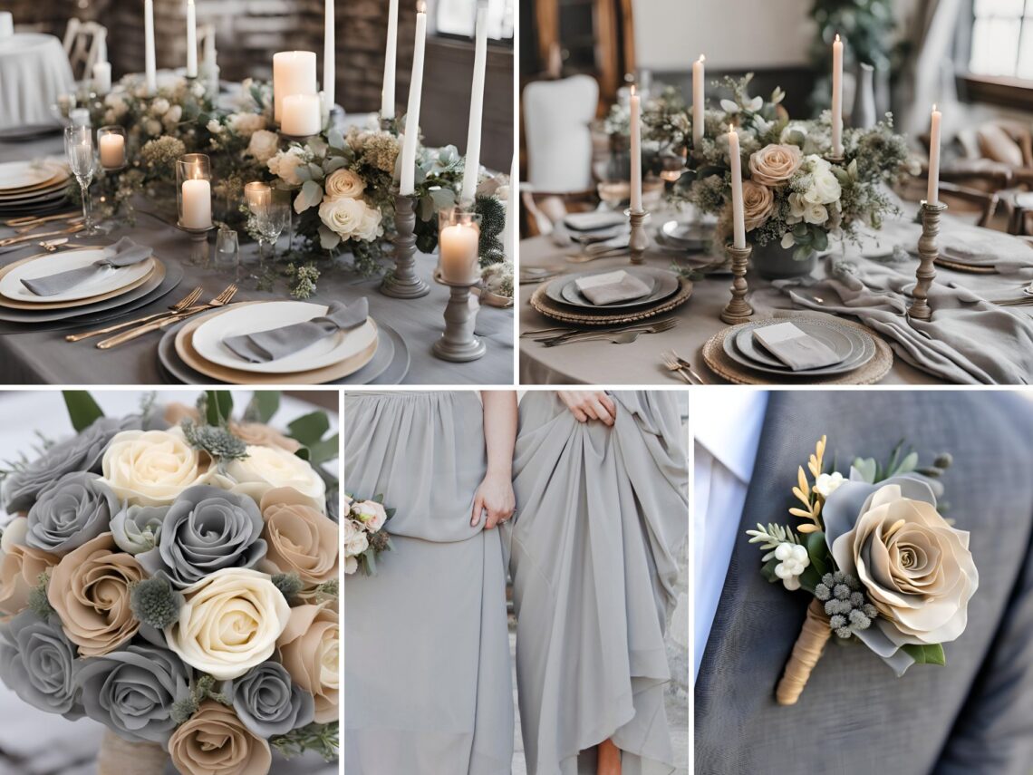 A photo collage of gray and tan wedding color ideas.