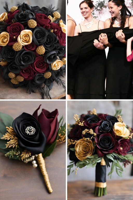 A photo collage of burgundy, black, and gold wedding color ideas.