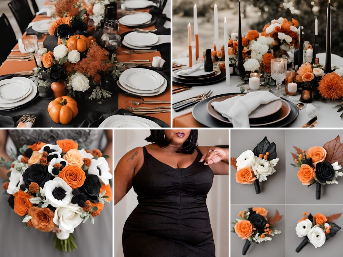 A photo collage of black, rust orange, pastel orange, and white wedding color ideas.